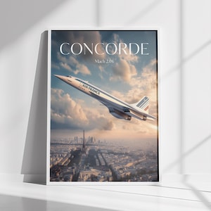 以下が含まれることがあります： エッフェル塔が見える街の上を飛ぶ、超音速旅客機コンコルドの額入りプリント。プリントの上部には「CONCORDE」の文字。飛行機にはエールフランスのロゴが見える。画像は曇り空を背景にしている。