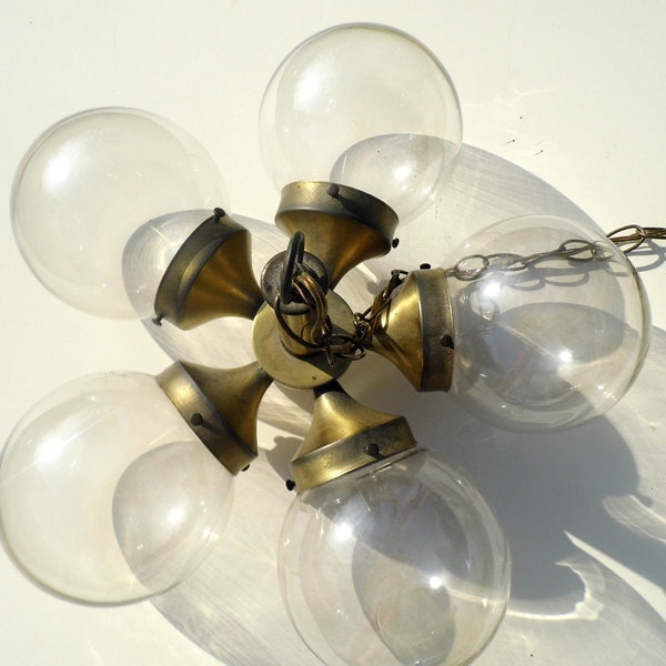 Vintage Chandelier, Mid Century Chandelier, Glass Globes, Brass Chandelier
