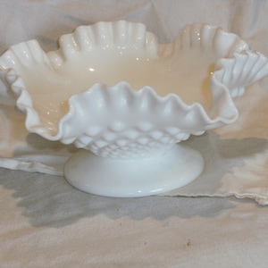 Vintage Hobnail Milk Glass Pedestal Dish Double Crimp