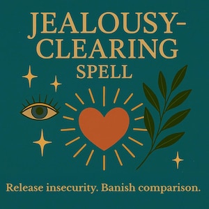 May include: A teal graphic with the text "JEALOUSY-CLEARING SPELL" in gold. The design includes a heart, an eye, stars, and a sprig of leaves. The text "Release insecurity. Banish comparison." is at the bottom.
