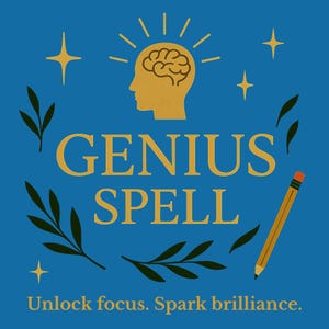 Puede incluir: Gráfico azul con las palabras "GENIUS SPELL" en dorado. La imagen incluye una silueta dorada de una cabeza con un cerebro, un lápiz, estrellas y hojas. El texto "Unlock focus. Spark brilliance." está en la parte inferior.