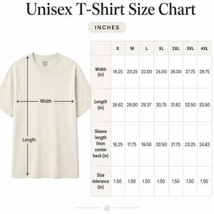May include: A beige Comfort Colors 1717 unisex t-shirt size chart. The chart includes measurements in inches for width, length, and sleeve length from the center back, ranging from size S to 4XL. The text reads "Measurements are in inches."
