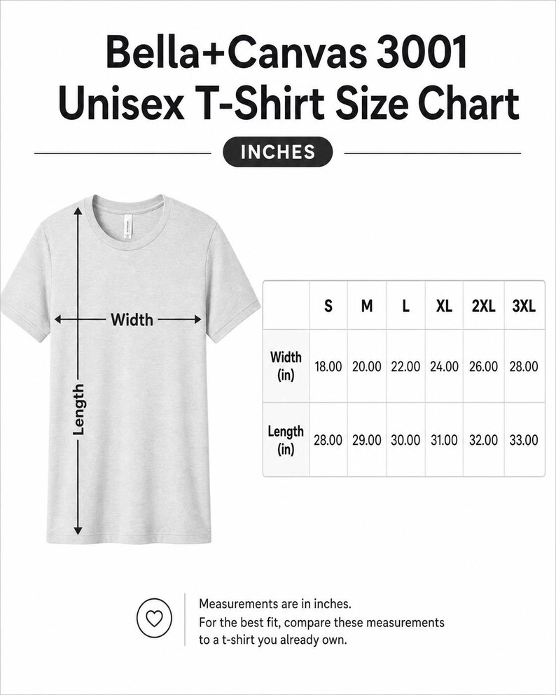 May include: A light gray Bella+Canvas 3001 unisex t-shirt with a size chart. The chart shows measurements in inches for width and length, ranging from 18 to 28 inches wide and 28 to 33 inches long. Text at the bottom advises comparing measurements.