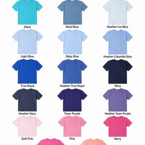 May include: A color chart displaying various t-shirt colors, including Aqua, Steel Blue, and Heather Ice Blue. The chart also shows Light Blue, Baby Blue, and Heather Columbia Blue. Additional colors are True Royal, Heather True Royal, and Navy.