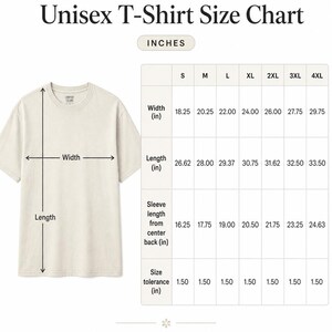 May include: A beige Comfort Colors 1717 unisex t-shirt size chart. The chart includes measurements in inches for width, length, and sleeve length from the center back, ranging from size S to 4XL. The text reads "Measurements are in inches."