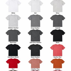 May include: A color chart displaying various t-shirt colors, including white, ash, silver, athletic heather, deep heather, asphalt, dark grey, dark grey heather, black, solid black blend, black heather, heather red, red, heather clay, autumn, brown, maroon, and cardinal.