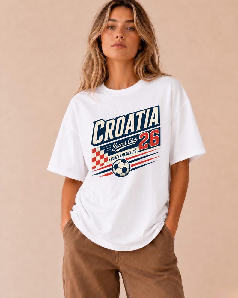 以下が含まれることがあります： CROATIA Soccer Club 26 NORTH AMERICA 26と書かれたグラフィックプリントが施された白い半袖Tシャツ。デザインには、赤と白の市松模様の正方形、サッカーボールのイラスト、赤と青の水平線が含まれています。
