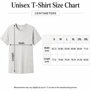 May include: A size chart for a Bella+Canvas 3001 unisex t-shirt, showing measurements in centimeters. The chart includes width and length dimensions for sizes S through 3XL. The text "CENTIMETERS" is displayed above the size chart.