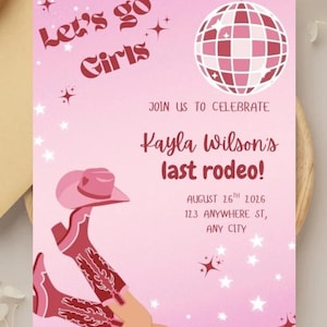 Last Rodeo Bachelorette Invitation, Editable Cowgirl Template, Instant Download, Hot Pink, Disco Cowgirl
