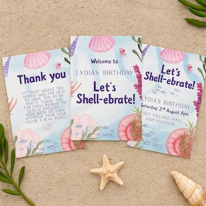 Paquete de cumpleaños bajo el mar / Celebración de conchas / Invitación, cartel de bienvenida y tarjeta de agradecimiento / Plantilla editable / Invitaciones de 5x7 / Reino Unido