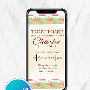 Faire-part d'anniversaire train de voyageurs, imprimable 5 x 7, téléchargement numérique, modifiable, téléchargement immédiat, modèle Canva