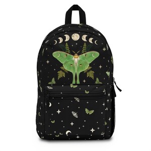 Luna Green Moth Backpack | Moon Phases, Celestial Night Pattern
