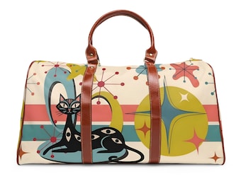 Mid-Century-Reisetasche „Schwarze Katze“, Retro-Wochenendtasche „Atomic Stars“, Sporttasche im Gothic-Stil