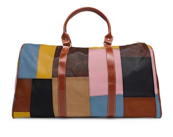 Wodoodporna torba podróżna z kolorowym patchworkiem | Torba podróżna, skórzane wykończenie