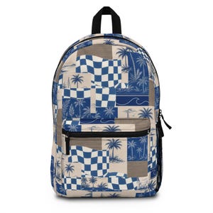 Blue Hawaiian Patchwork Backpack | Palm Tree Checkerboard Print