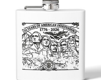 Petaca del Monte Rushmore por los 250 años de la Independencia Americana / 1776-2026, acero inoxidable, 177 ml (6 oz)