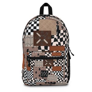 May include: A patchwork backpack with a black top handle and zipper. The design features squares of black and white checkerboard, brown, and tan patches with skateboard and lightning bolt graphics. A front pocket and brown leather-like patches are also visible.