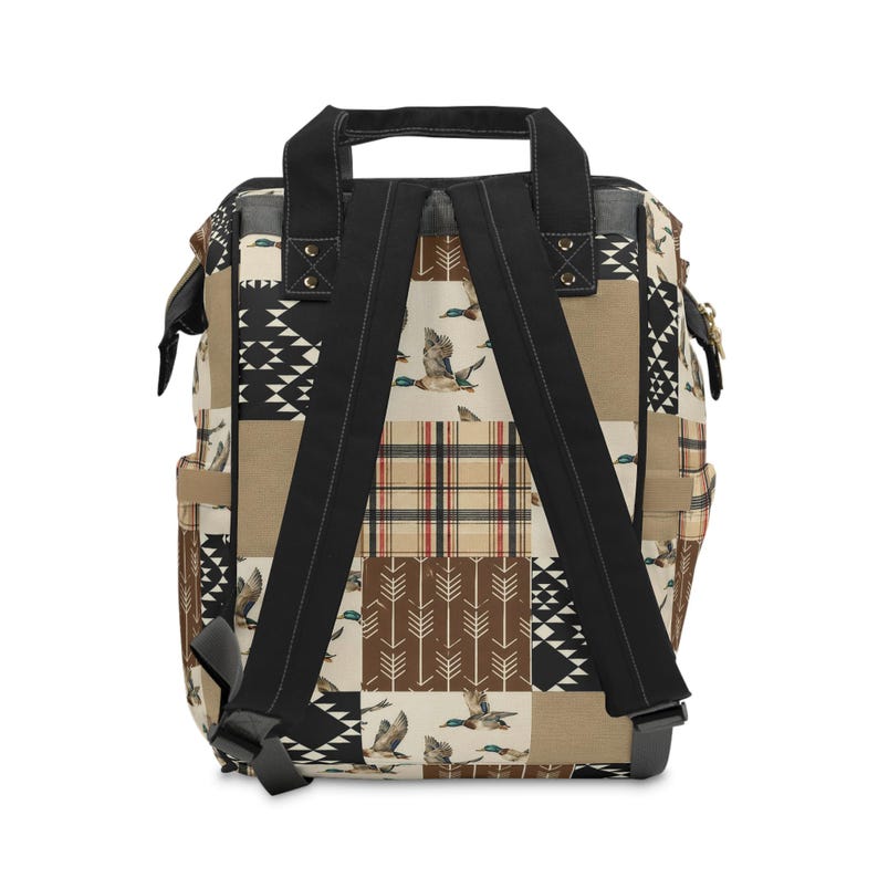 Duck Patchwork Pattern Multifunctional Diaper Backpack | Patch Plaid Arrow Print image 2