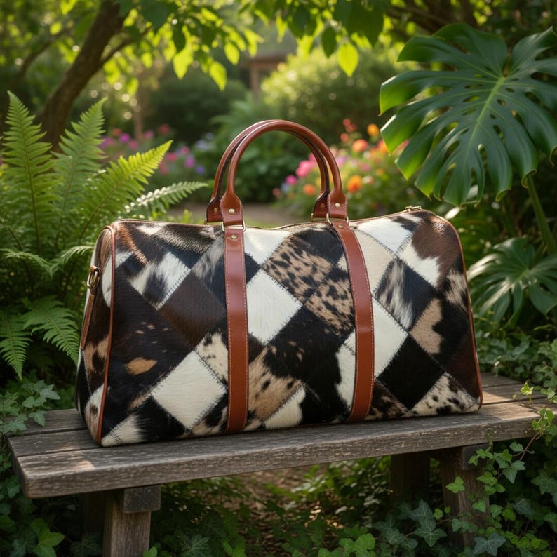 Wasserdichte Reisetasche mit Patchwork-Rindsledermuster | Weekender-Tasche mit Lederbesatz Bild 4