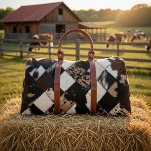 Wasserdichte Reisetasche mit Patchwork-Rindsledermuster | Weekender-Tasche mit Lederbesatz Bild 3