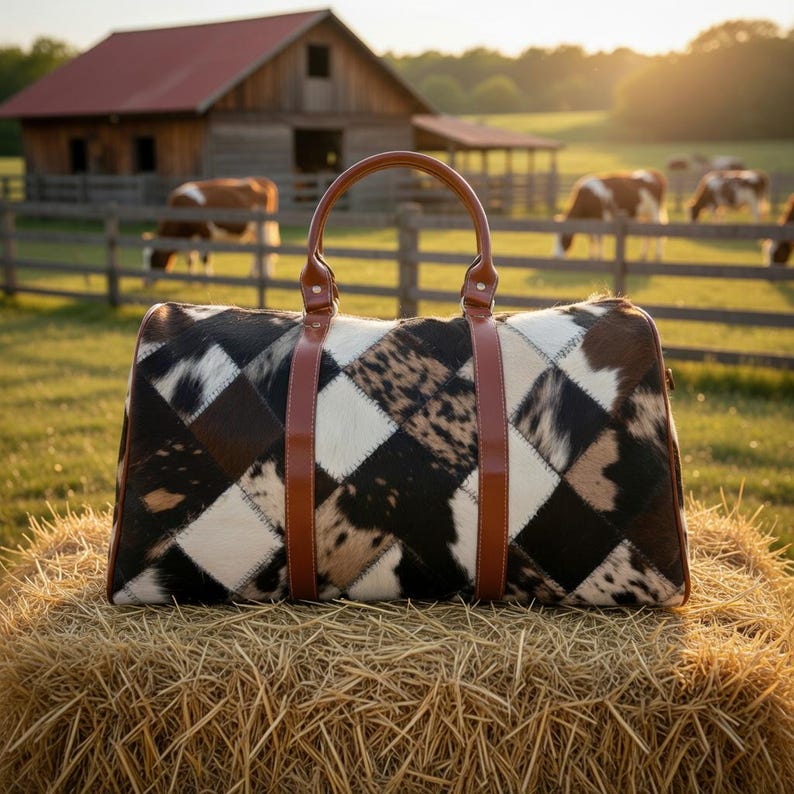 Wasserdichte Reisetasche mit Patchwork-Rindsledermuster | Weekender-Tasche mit Lederbesatz Bild 3