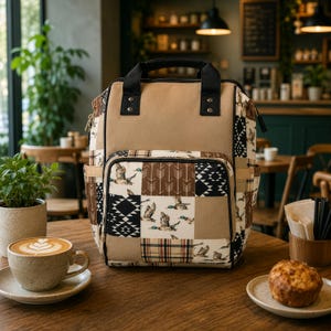 Duck Patchwork Pattern Multifunctional Diaper Backpack | Patch Plaid Arrow Print image 7