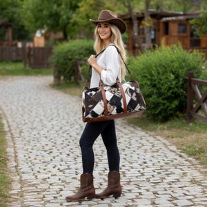 Wasserdichte Reisetasche mit Patchwork-Rindsledermuster | Weekender-Tasche mit Lederbesatz Bild 7