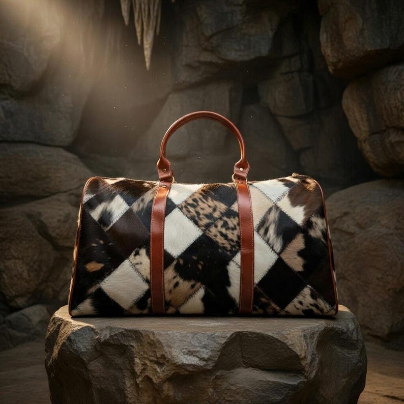 Wasserdichte Reisetasche mit Patchwork-Rindsledermuster | Weekender-Tasche mit Lederbesatz Bild 6