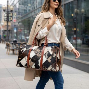 Wasserdichte Reisetasche mit Patchwork-Rindsledermuster | Weekender-Tasche mit Lederbesatz Bild 8