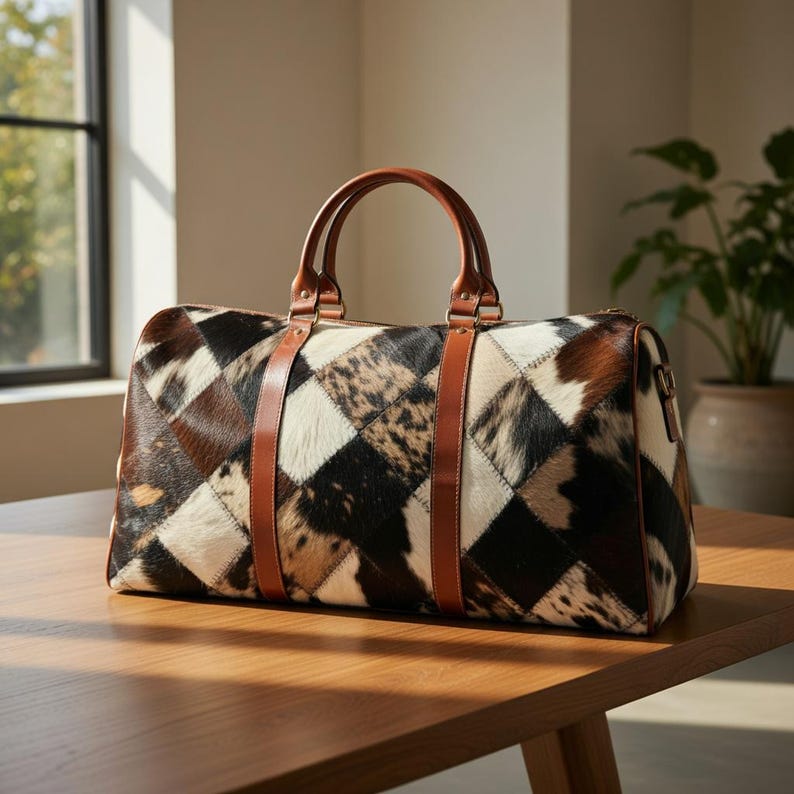 Wasserdichte Reisetasche mit Patchwork-Rindsledermuster | Weekender-Tasche mit Lederbesatz Bild 5