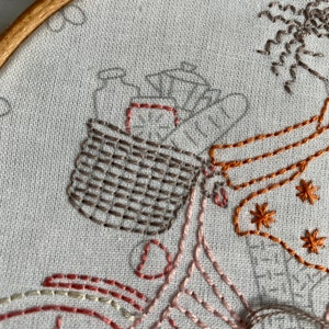 May include: Close-up of a brown and white embroidered basket filled with brown and white embroidered items. The basket is part of a larger embroidery design that includes a brown and orange embroidered figure.