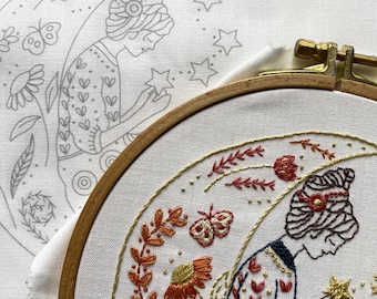 girl in the moon embroidery panel