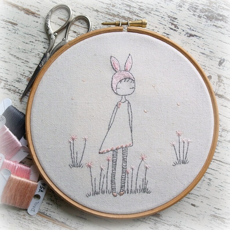 Spring bunny girl hand embroidery pattern pdf  etsy Spring bunny girl hand embroidery pattern pdf  etsy