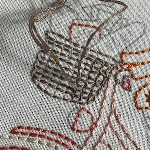 May include: Close-up of a needle and thread being used to stitch a brown and white embroidery design on a white fabric. The design features a basket weave pattern and a floral motif.