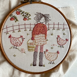 feeding the chickens printed panel for embroidering