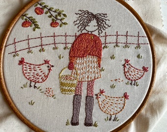 feeding the chickens printed panel for embroidering