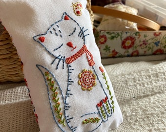 Folk kitten printed panel for embroidery