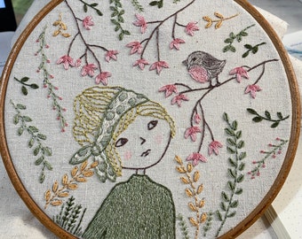 spring bird printed panel for embroidery