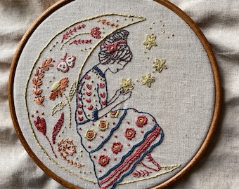 girl in the moon hand embroidery pattern PDF