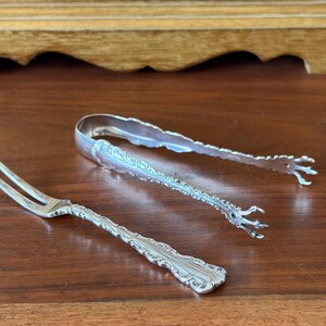 Pinzas para azúcar y tenedor para cóctel Birks de plata esterlina vintage
