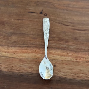 Peut inclure: Une petite cuillère en argent avec un manche détaillé et un bol reflétant un bâtiment. La cuillère est probablement en métal et repose sur une surface en bois. Le bol de la cuillère reflète un bâtiment.