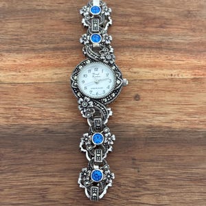 Sterling Silver Marcasite & Blue Topaz Bracelet Watch | 9&quot;