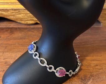 Sterling Silver with Emerald, Ruby & Sapphires Tennis Bracelet