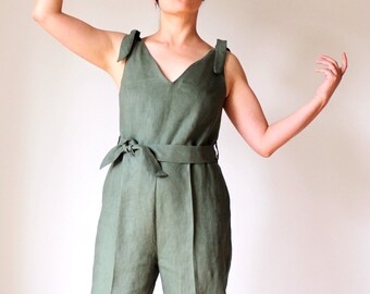 Green sexy organic linen jumpsuit for women with belt,V neck linen jumpsuit,Short 70s linen jumpsuit,Linen women clothing,Handmade Australia