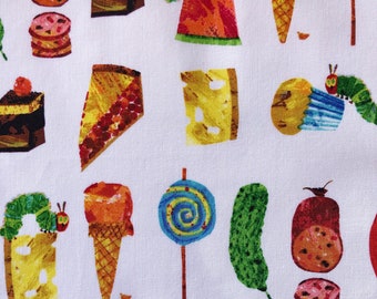 はらぺこあおむし柄の生地（1ヤード単位）、エリック・カール作の食べ物柄コットン生地、子供向け絵本キルティング、先生へのギフト、図書館バッグの素材