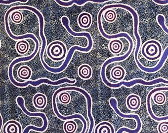 Aboriginal art snake dreaming abstract blue purple quilting cotton fabric by 1/2 yard, Fat quarter fabric, Australian indigenous art