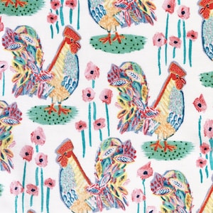 Roosters and Flowers Cotton Fabric: Farm Animal Print, Quilting Material
