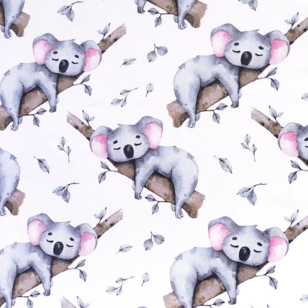 Sleepy baby koala on the tree branch white quilting cotton fabric by 1/2 yard or fat quarter, Australian native bush animal fabric