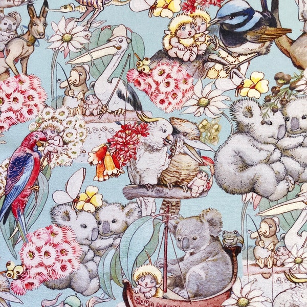 May Gibbs pelican tales koala kangaroo gumnut baby floral quilting cotton fabric by 1/2 yard or Fat quarter, Australian animal birds