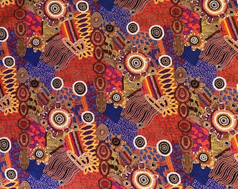 Aboriginal art desert fringe-rush dreaming brown blue quilting cotton fabric by 1/2 yard or fat quarter, Aussie native fabric